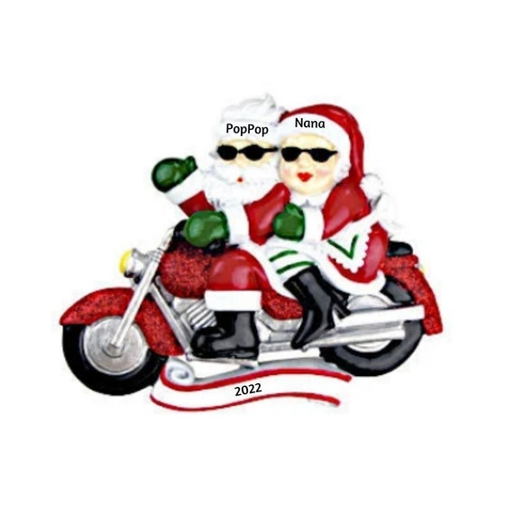 パーソナライズされたサンタクロース夫妻のオーナメント - バイクに