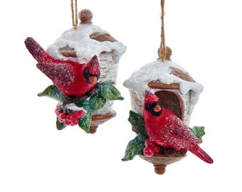 Birch Berries Birdhouse With Cardinal Ornaments - Red Cardinal Ornament