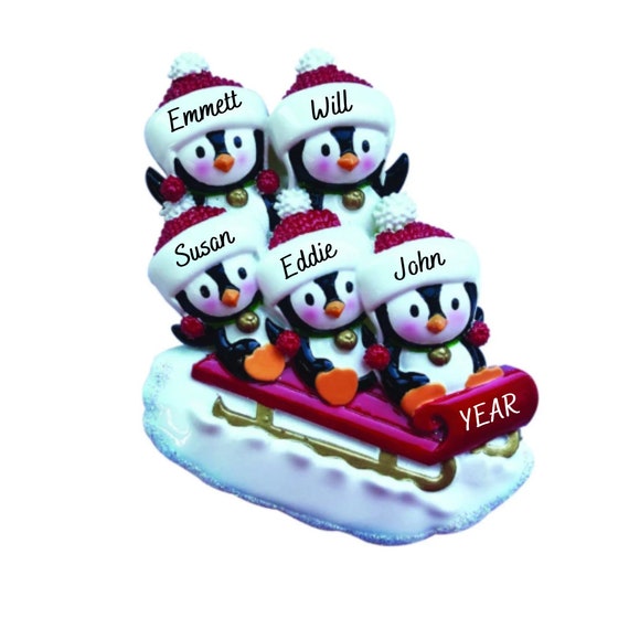 5 Penguins on Red Sled Personalized Christmas Ornament - Family of 5 Penguins Hand Personalized Christmas Ornament 2022
