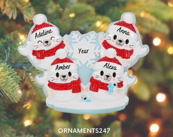 Personalized Seal Family Ornament - 4 Arctic Seals with Red Scarves Ornament - Family of Four Seals Personalized Ornament - Family Ornament