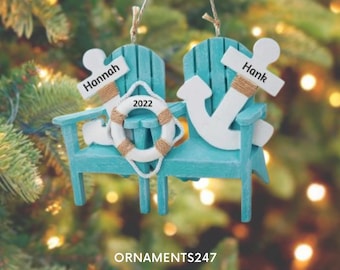Personalized Couple Ornament - Beach Chairs Ornament - 2 Adirondack Beach Chairs With Anchor Ornament - Couples Best Friends Beach Ornament