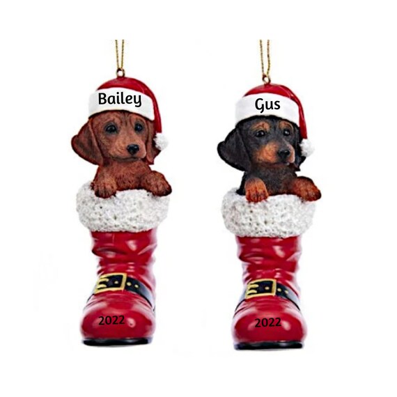 Puppy in Santa Boot Red Dachshund Personalized Christmas Dog Ornament 