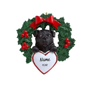 Black Pug Dog In Christmas Wreath Personalized Ornament Pug Personalized Christmas Ornament image 2