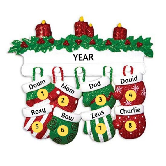 8 Mittens on the Christmas Mantle - Mitten Family of 8 - Hand Personalized Christmas Ornament 2022