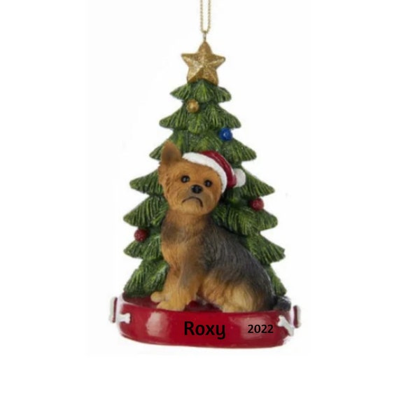 Yorkshire Terrier with Santa Hat by Festive Christmas Tree Personalized Christmas Ornament- Yorkie Dog Personalized Ornament 2022