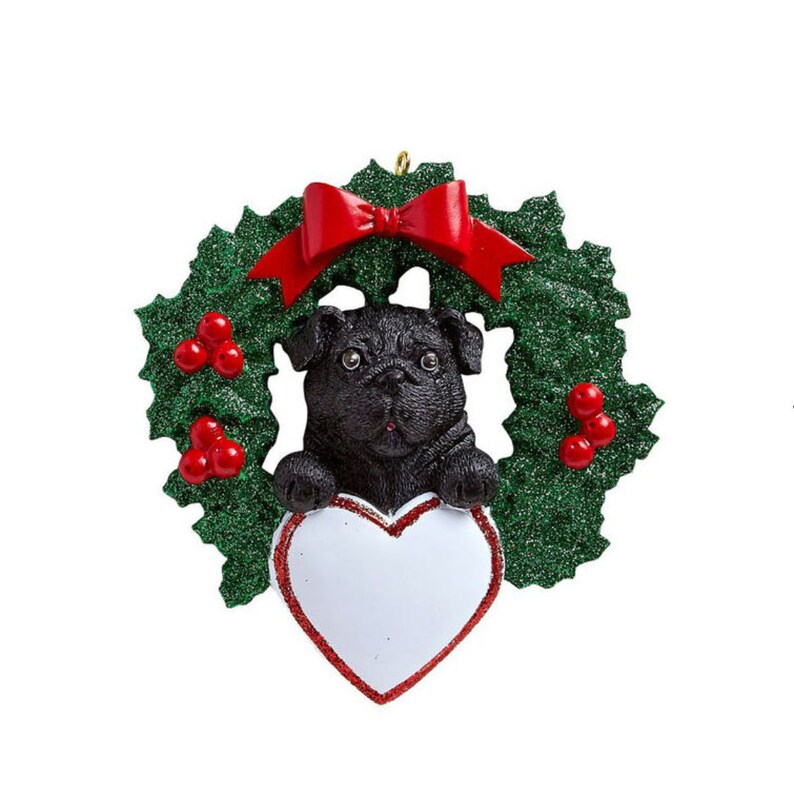 Black Pug Dog In Christmas Wreath Personalized Ornament Pug Personalized Christmas Ornament image 4