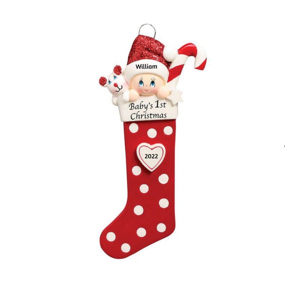 Baby Boy or Baby Girl in a Long Red Stocking - Baby's First Christmas Ornament- Hand Personalized Christmas Ornament 2022