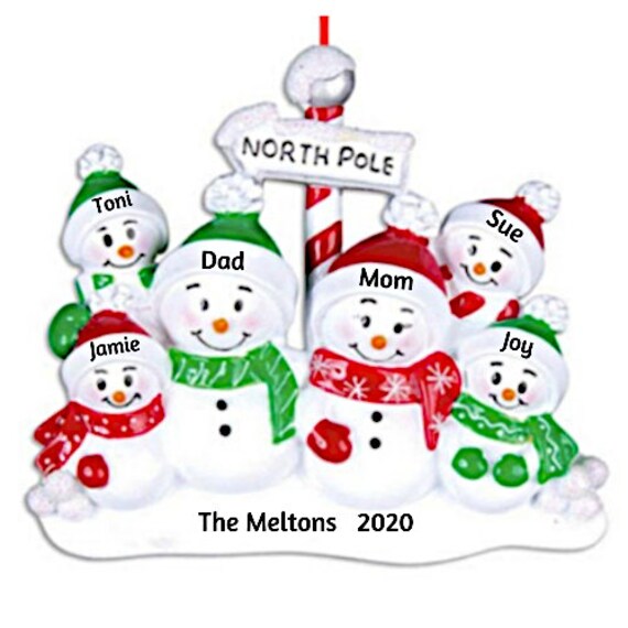 6 Snowmen at the North Pole Family Personalized Ornament - Family of Six Snowmen - Hand Personalized Christmas Ornament