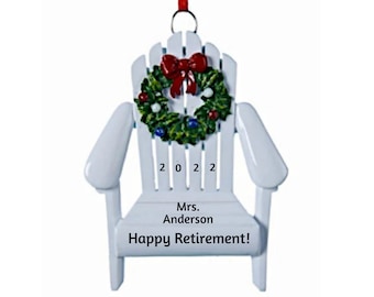 Personalized Beach Chair Ornament - White Adirondack Beach Chair with Festive Holiday Wreath  Ornament - Beach Ornaments - Nautical Ornament