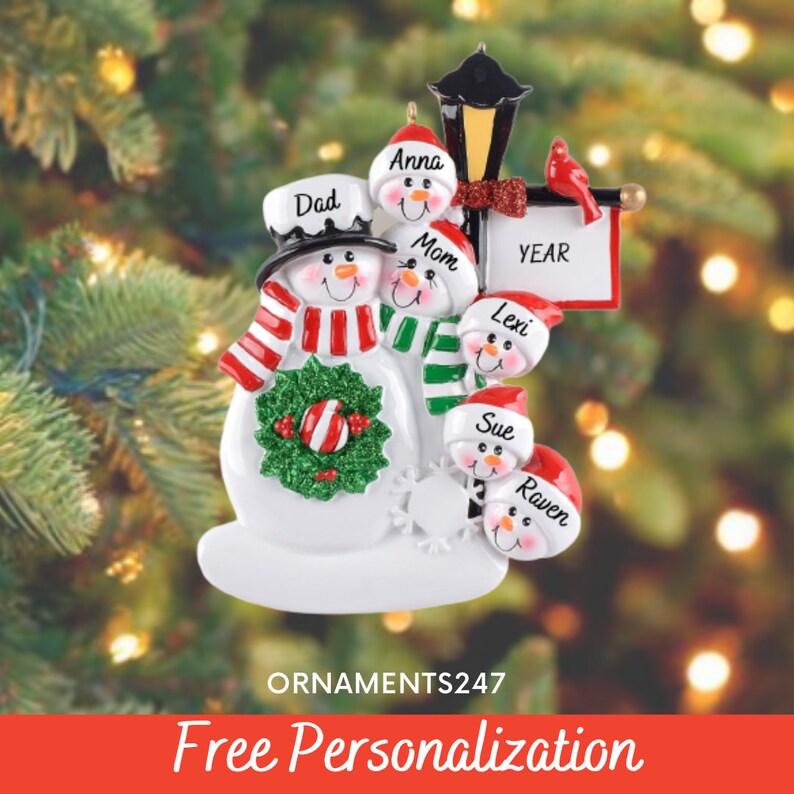 Personalized Snowman Family Ornament - Family of 6 Ornament - 6 Snowmen ...