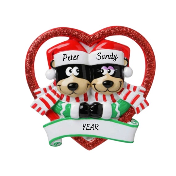 Beary Merry Black Bear Couple in Glittery Heart Personalized Christmas Ornament 2022