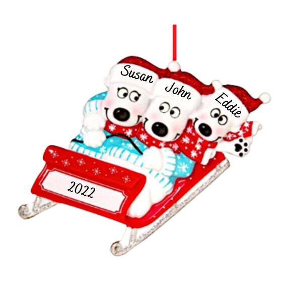 3 Polar Bears on a Sled Personalized Christmas Ornament - Family of 3 Polar Bears Hand Personalized Christmas Ornament 2022