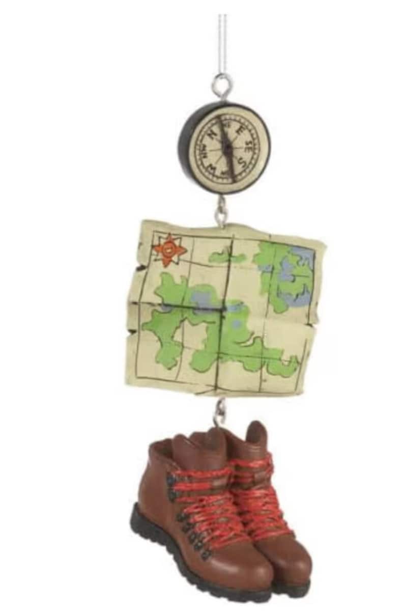Personalized Hiking Ornament - Hiker Ornament - Hiking Dangle Ornament with Boots, Map and Compass - Gone Hiking Dangle Christmas Ornament image 4