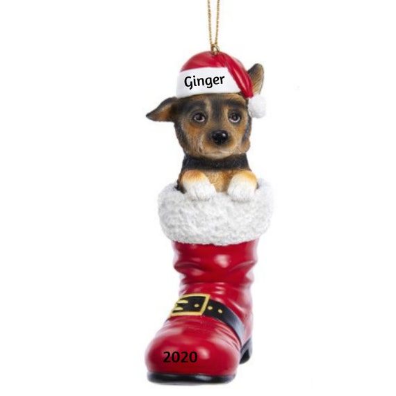 German Shepherd in Santa Boot Personalized Christmas Ornament- German Shepherd Hand Personalized Christmas Ornament 2021