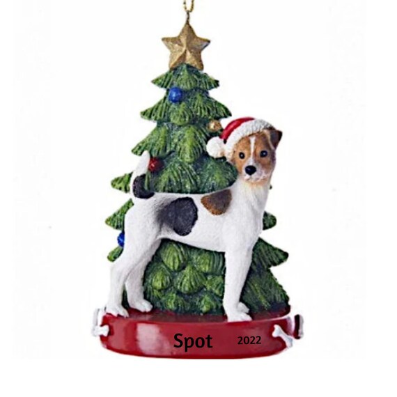 Jack Russel with Santa Hat by Festive Christmas Tree Personalized Christmas Ornament- Jack Russel Dog Personalized Ornament 2022