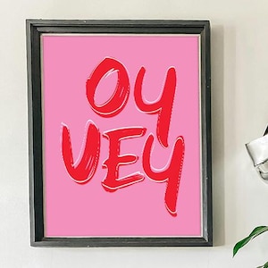 Oy Vey Print - Yiddish Phrase | Modern Jewish Pop Art Digital Download - Red on Pink