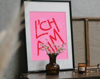 L'chaim English Print - Hebrew Toast | Modern Jewish Pop Art Digital Download - Red on Pink