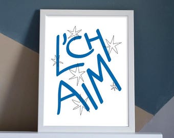 L'chaim English Print - Hebrew Toast | Modern Jewish Pop Art Digital Download - Blue on White