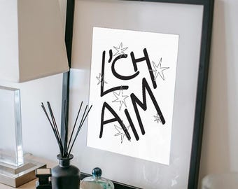 L'chaim English Print - Hebrew Toast | Modern Jewish Pop Art Digital Download - Black on Pale Off White