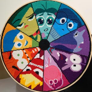 Può includere: Un ricamo circolare colorato a punto croce con personaggi del film d'animazione Inside Out. I personaggi sono Gioia, Tristezza, Paura, Rabbia, Disgusto, Bing Bong e l'amico immaginario.