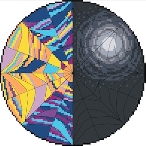 May include: A circular design with a colorful, geometric pattern on the left half and a black and white, web-like pattern on the right half.