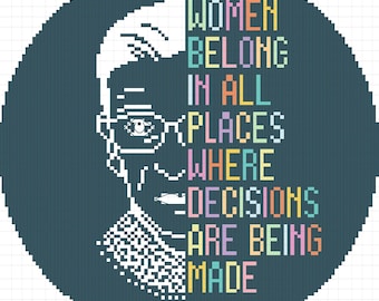 May include: A black and white pixel art portrait of Ruth Bader Ginsburg with the quote "Women belong in all places where decisions are being made" in rainbow colors.