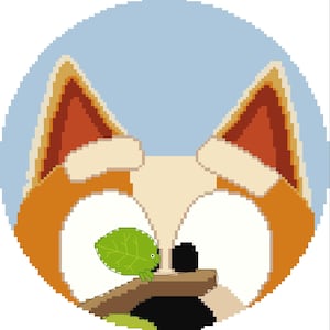May include: A cartoon illustration of a red panda with a green leaf on its nose. The red panda is looking at the viewer with a friendly expression. The background is a light blue circle.