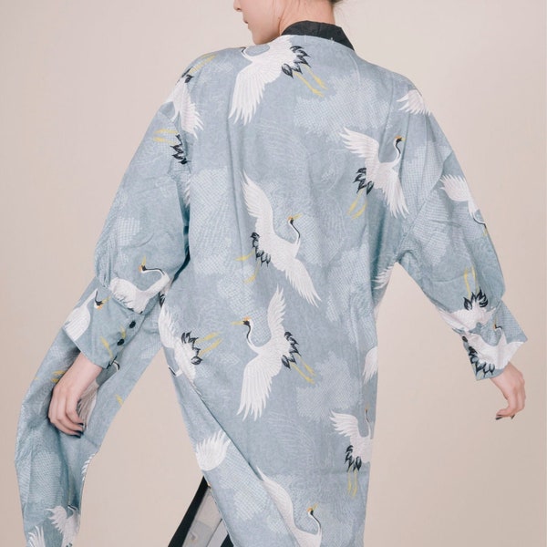 Japanese Crane Kimono/Crane Painting Boho Robe/Dressing Gown/Gift