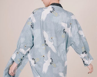 Japanese Crane Kimono/Crane Painting Boho Robe/Dressing Gown/Gift