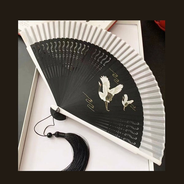 Black &White Crane Painting Hand Folding Fan/ Chinese Hand Folding Fan/Hanfu Fan/Crane Pattern Design/Dancing Cosplay Wedding Party/Gift