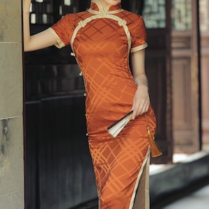 Tangerine Jacquard Dress/Chinese Cheongsam Dress /Orange Qipao Dress/Chinese Retro Silky Jacquard Dress/Vintage Style Qipao Dress/Long Qipao