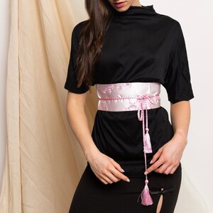 Pink Japanese Silk Obi Belt/Kimono Obi Wrap Belt/Cinch Belt/Wide Belt/Self-tie Silk Wrap Belt/Obi Belt With Tassel/High Waist Wide Belt/Gift