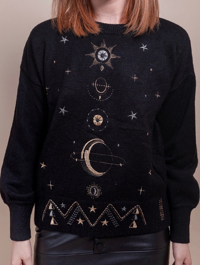 Galaxy Embroidered Sweater Stars Embroidered Jumper KnitwearPull Over Black Sweater