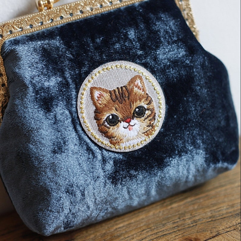 Hand made blue velvet adorable kitty pouchcards and cash purse