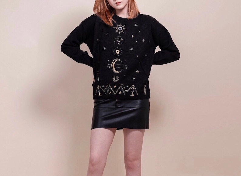 Galaxy Embroidered Sweater Stars Embroidered Jumper KnitwearPull Over Black Sweater
