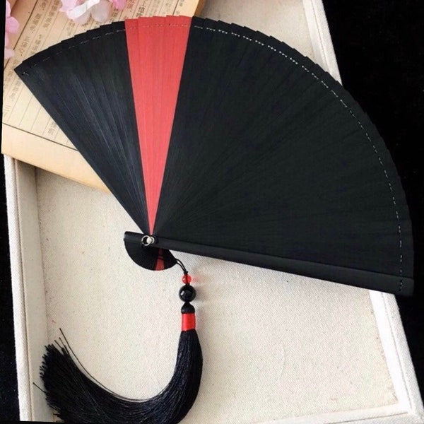 Chinese Bamboo Folding Fan Ancient Style/Bamboo Hand Hold Fans/Red and Black Vintage Style/Dancing Cosplay Wedding Party Gift