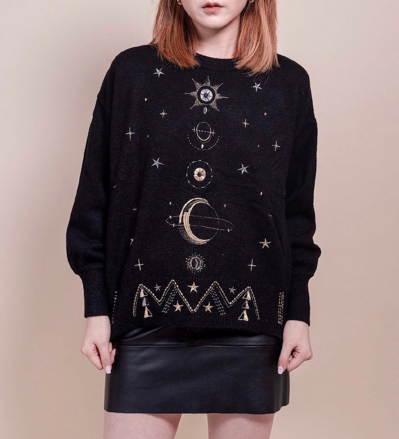Galaxy Embroidered Sweater Stars Embroidered Jumper KnitwearPull Over Black Sweater