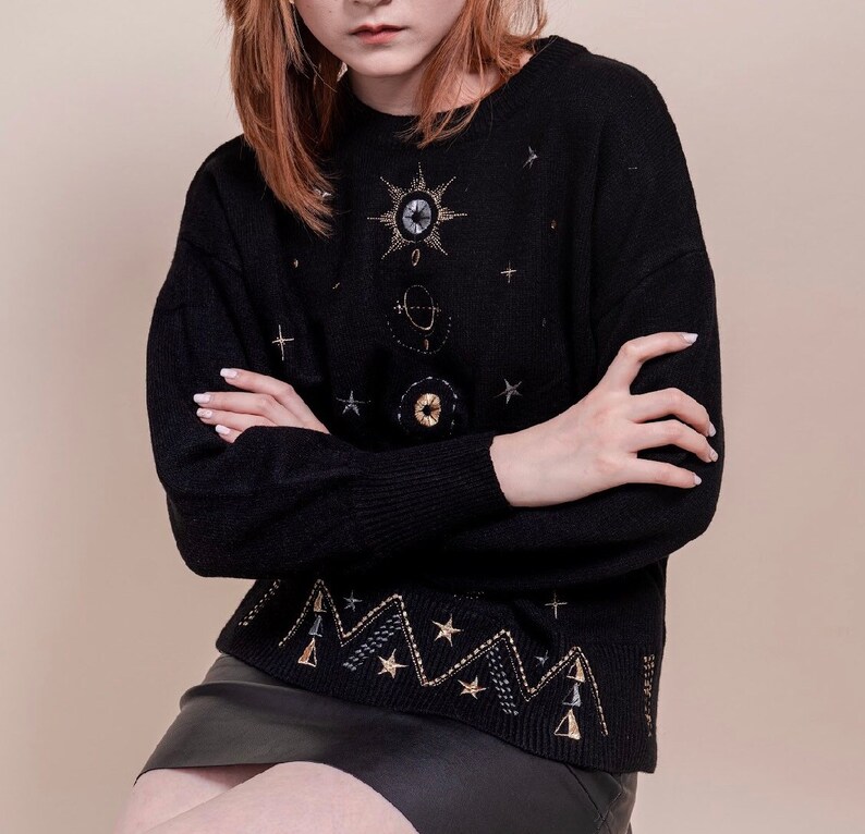Galaxy Embroidered Sweater Stars Embroidered Jumper KnitwearPull Over Black Sweater