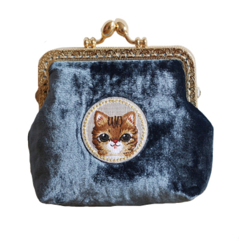 Hand made blue velvet adorable kitty pouchcards and cash purse