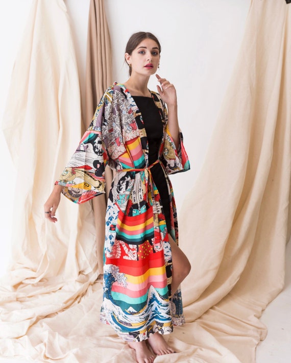 Kimono con stampa artistica Ukiyo e taglia unica Vestito kimono