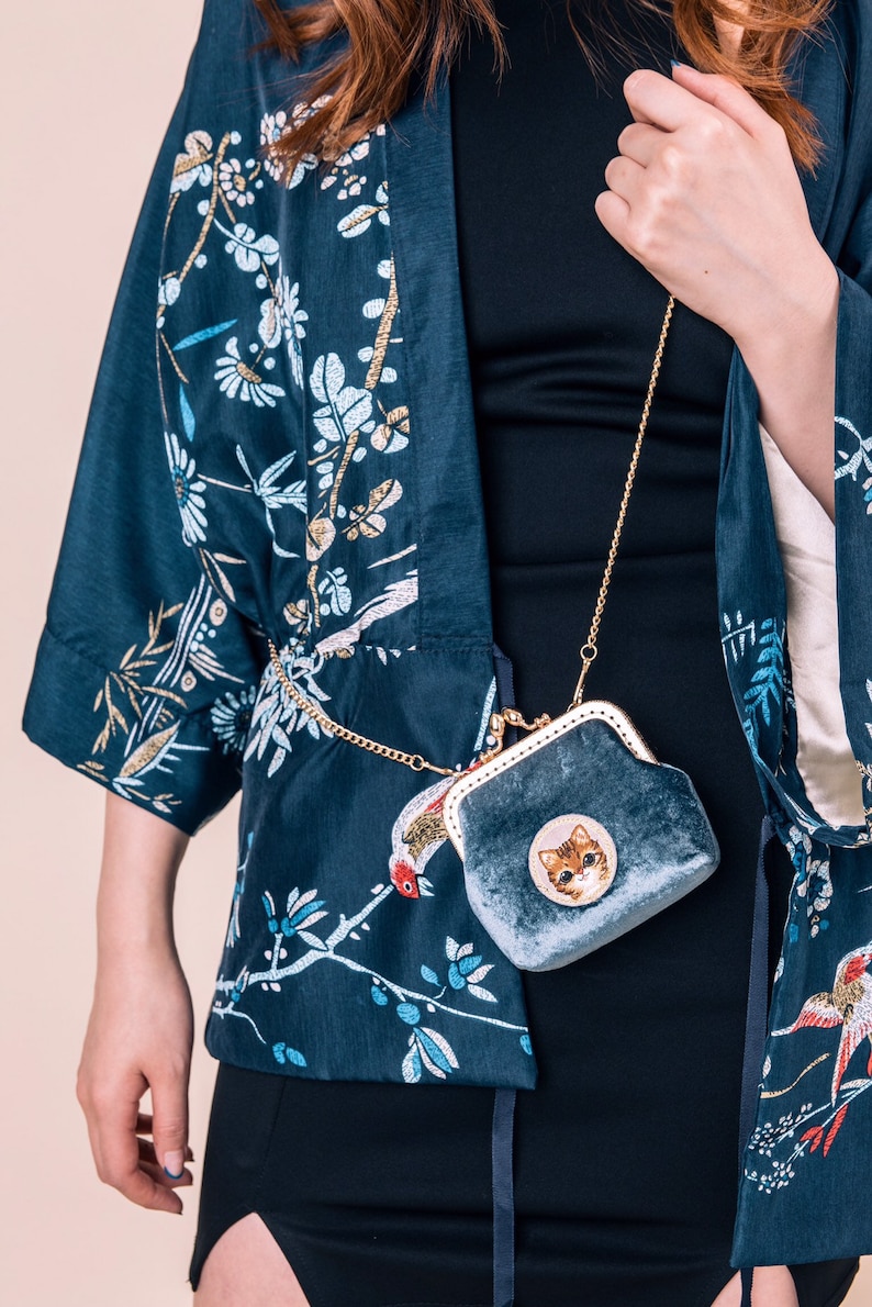 Hand made blue velvet adorable kitty pouchcards and cash purse