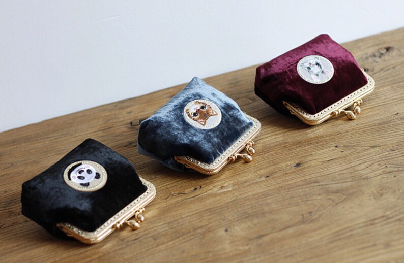 Hand made blue velvet adorable kitty pouchcards and cash purse