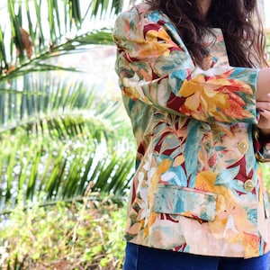 Vintage 80s Puff Sleeves Floral Formal Womens Jacket, Wedding Statement Gold Buttons Blazer, Orange & Green Puff Shoulder Office Wear Size S