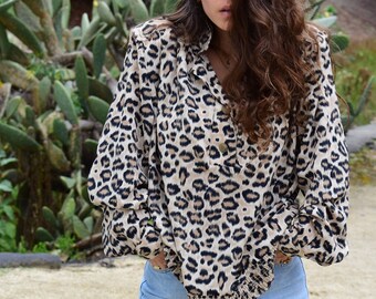 Vintage 90s Leopard Womens Blouse, Loose Fit Wide Sleeve Top, Animal Print Long Sleeve Shirt By Teddie