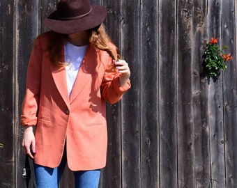 Vintage 80s Puff Shoulder Wool Jacket, Boho Orange Oversize Blazer, Festival Statement Button Coat Size 10