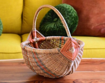 Vintage Boho Wicker Basket, Large Geometric Shape Planter, Handmade Multicolor French Decorator Basket, Antique Woven Basket