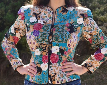 Vintage 80s Silk Adrianna Papell Puff Shoulder Jacket, Petite Paisley Print Blazer, Floral Buttons Up Top, Padded Shoulders Elegant Blouse