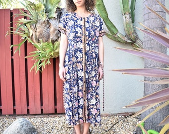 Vintage Boho 90s Blue Rayon Button Up Womens Maxi Dress, Floral Paisley Everyday Dress, Short Sleeve Gypsy Dress by Singapore Size L