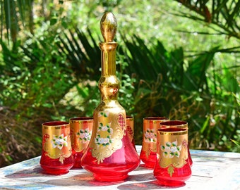 Vintage Mid Century Decanter Art Glass Genie Bottle & Glasses Set, Liquor Red Gold Arabic Decorative Bottle Vase With Stopper, Movie Prop