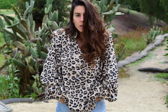 Vintage 90s Leopard Womens Blouse, Loose Fit Wide… - image 1